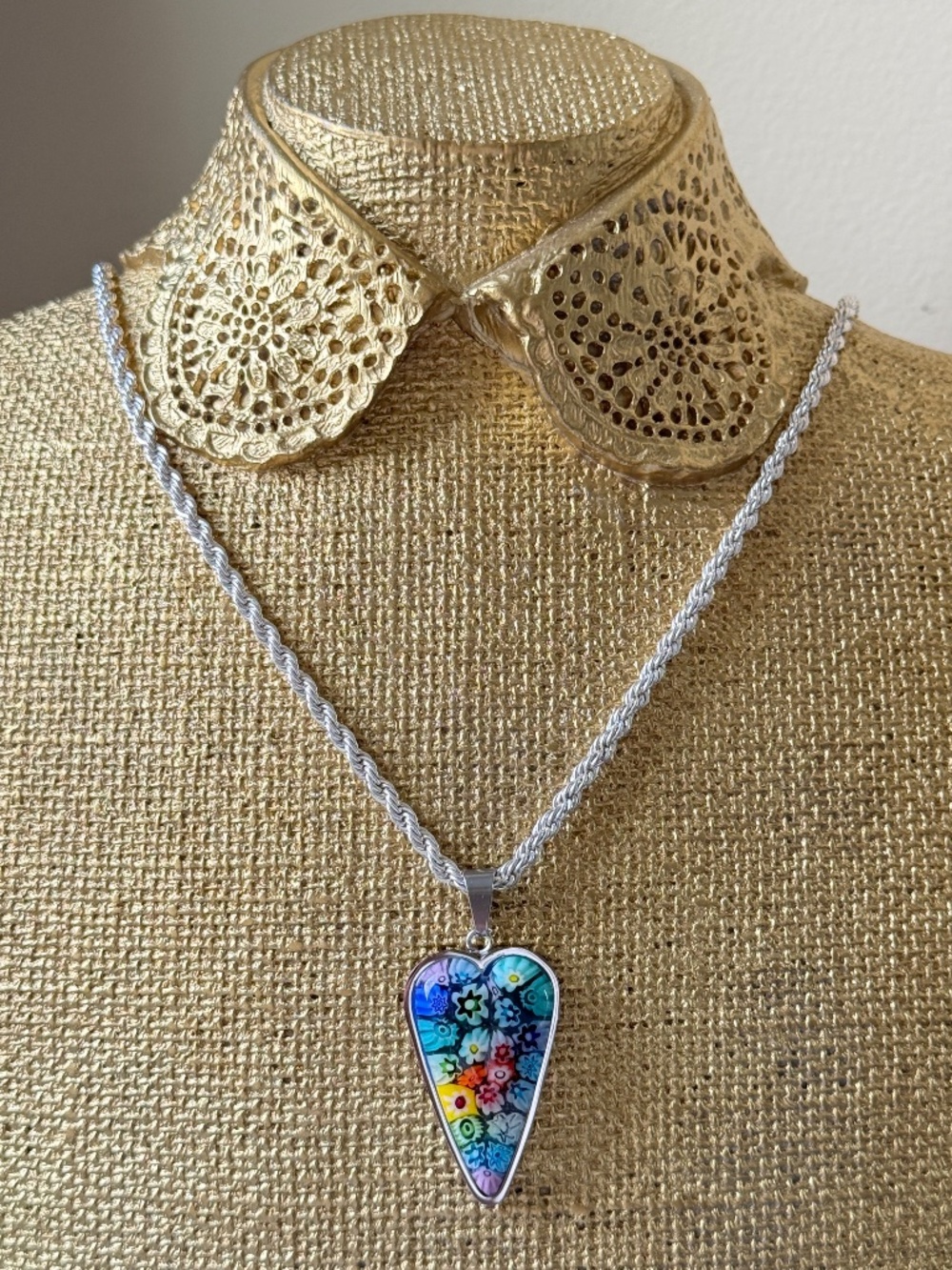 ARTISAN MURANO STYLE Italian Millefiori Heart Shape Pendant Necklace